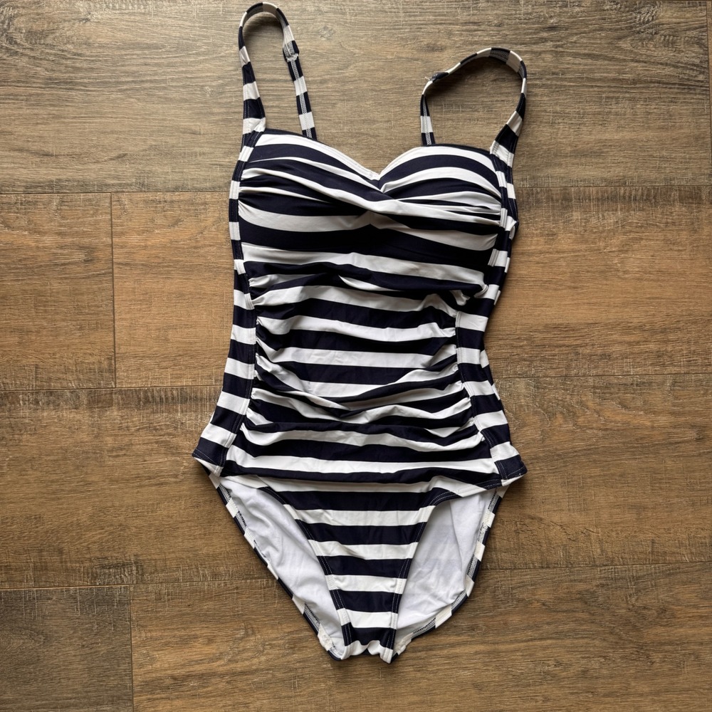 Bond-Eye Australia Navy White Striped Ruched One Piece Swimsuit Multi Fit Cup 4